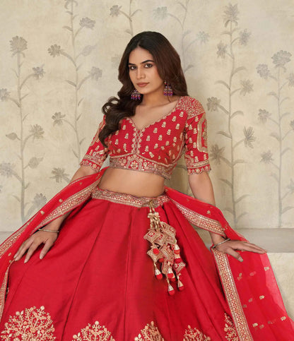 Red Bridal Lehenga Ensemble With Elephant Motifs
