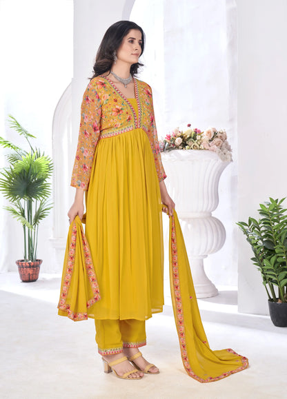 Yellow Floral Print With Embroidery Work Gown With Dupatta