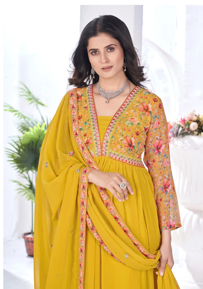 Yellow Floral Print With Embroidery Work Gown With Dupatta