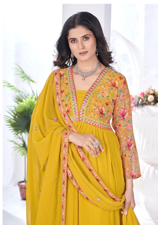 Yellow Floral Print With Embroidery Work Gown With Dupatta