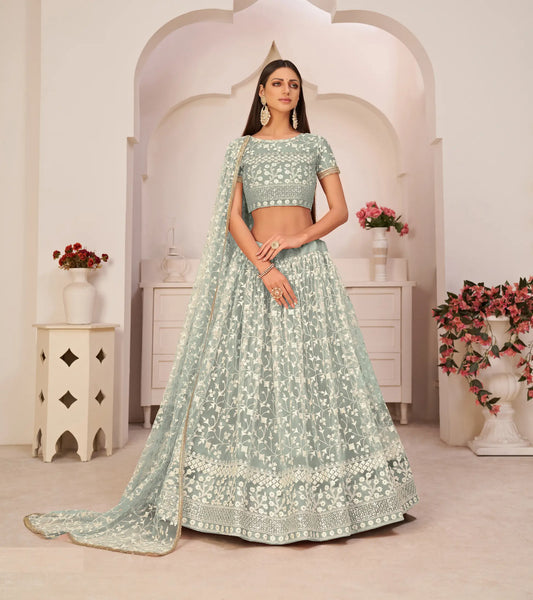 Turquoise Green Net Lehenga Choli With White Cotton Thread Work, Zari Work & Sequence Work