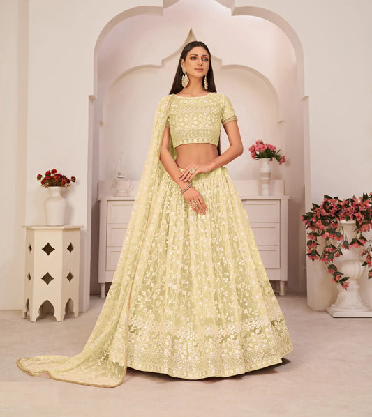Lemon Yellow Net Lehenga Choli With White Cotton Thread Work, Zari Work & Sequence Work