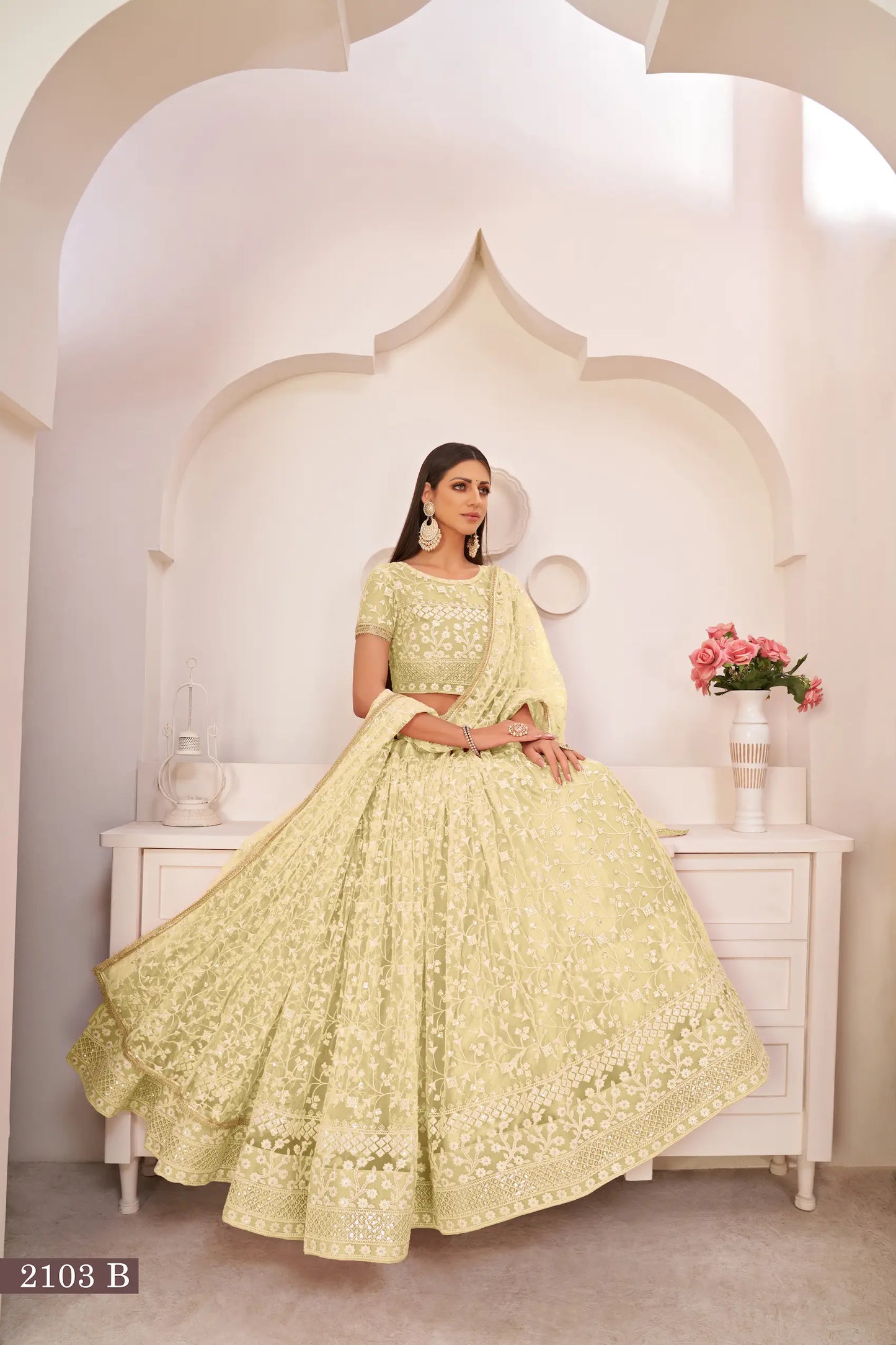Lemon Yellow Net Lehenga Choli With White Cotton Thread Work, Zari Work & Sequence Work