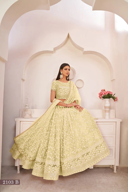 Lemon Yellow Net Lehenga Choli With White Cotton Thread Work, Zari Work & Sequence Work