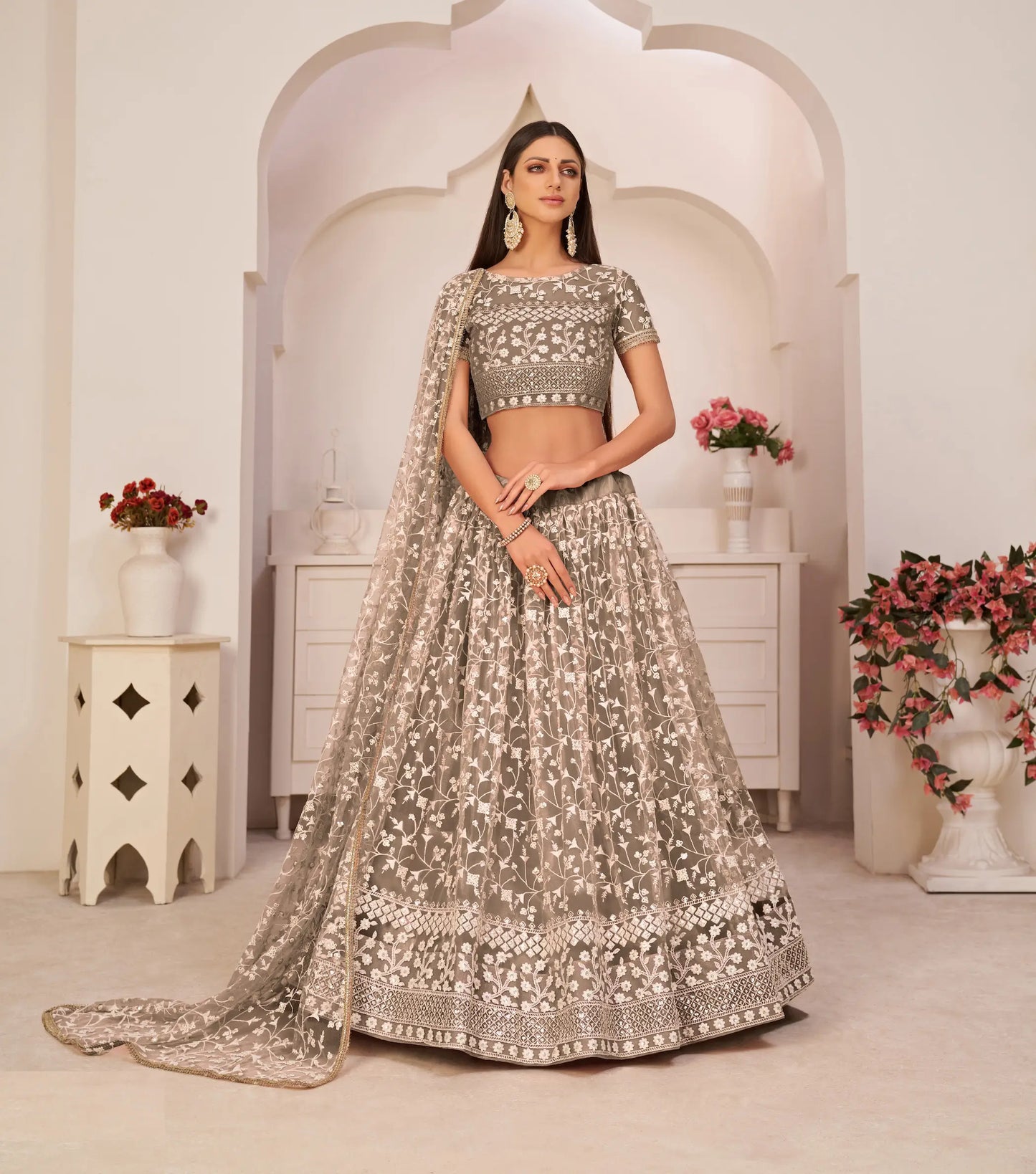 Chocolate Brown Net Lehenga Choli With White Cotton Thread Work, Zari Work & Sequence Work