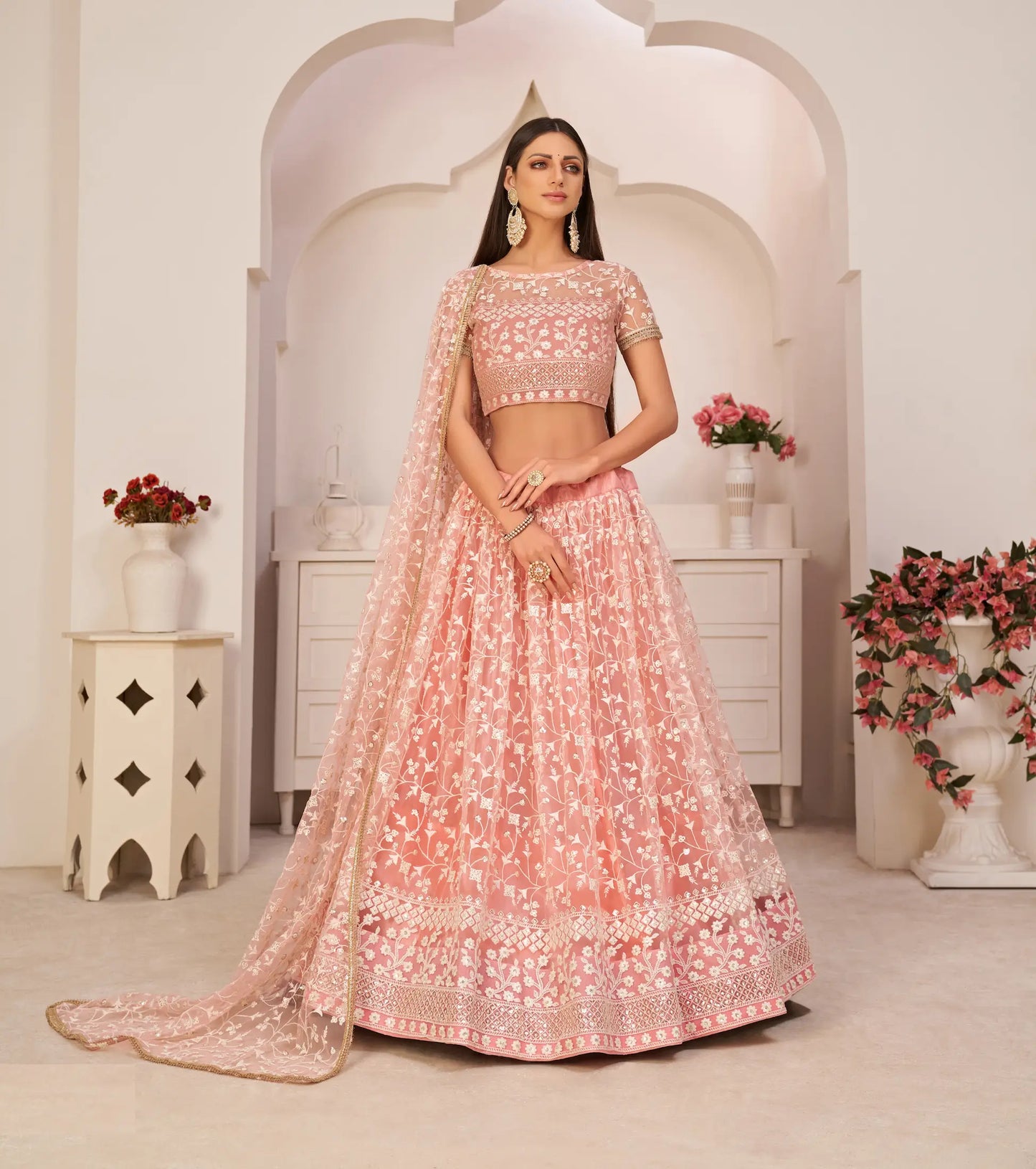 Light Pink Net Lehenga Choli With White Cotton Thread Work, Zari Work & Sequence Work