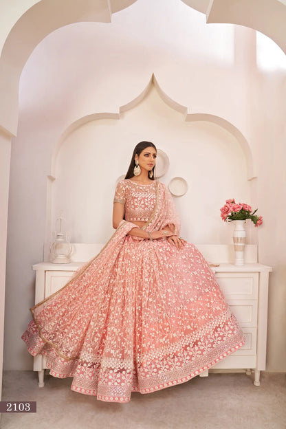 Light Pink Net Lehenga Choli With White Cotton Thread Work, Zari Work & Sequence Work