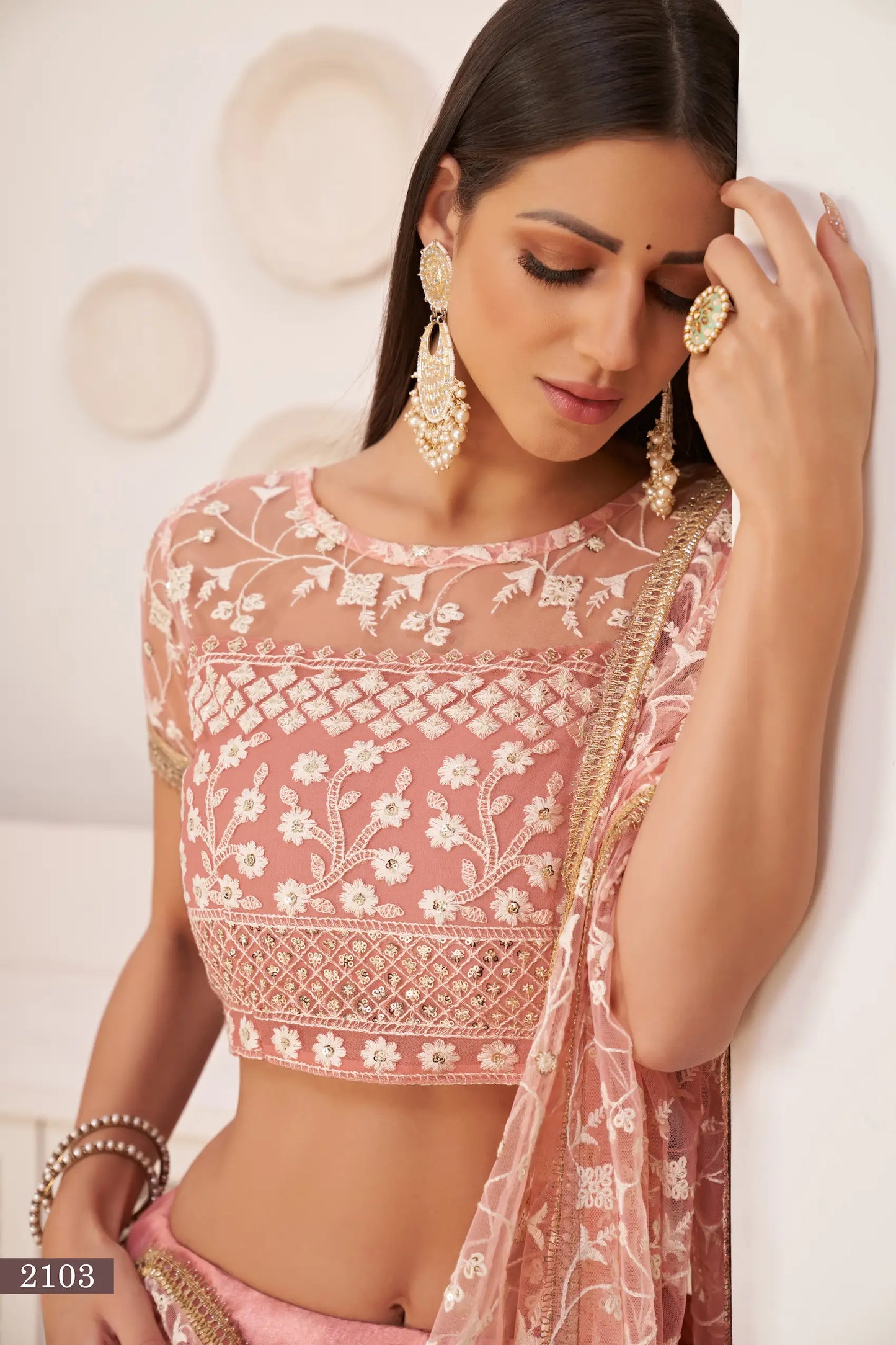 Light Pink Net Lehenga Choli With White Cotton Thread Work, Zari Work & Sequence Work
