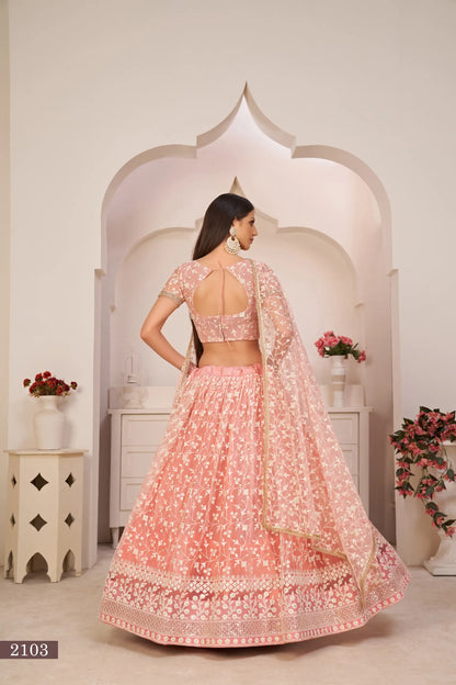 Light Pink Net Lehenga Choli With White Cotton Thread Work, Zari Work & Sequence Work