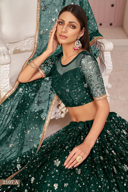 Green Net Lehenga Choli With White Cotton Thread Work, Zari Work & Sequence Work