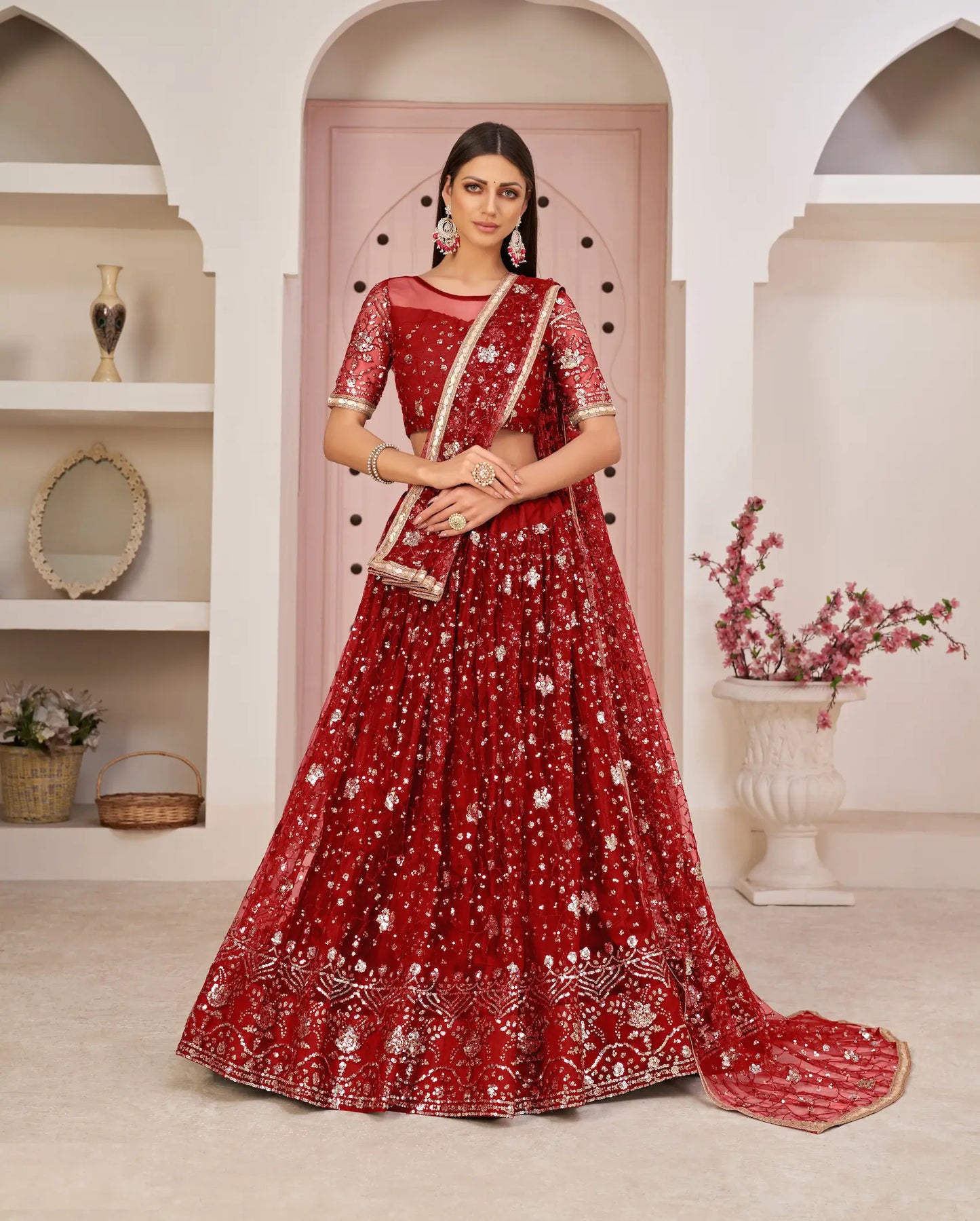 Red Net Lehenga Choli With White Cotton Thread Work, Zari Work & Sequence Work