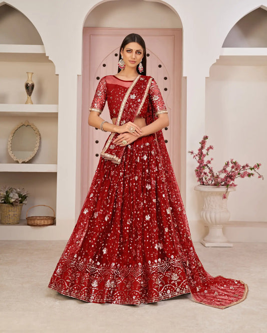 Red Net Lehenga Choli With White Cotton Thread Work, Zari Work & Sequence Work