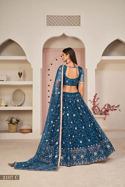 Teal Net Lehenga Choli With White Cotton Thread Work, Zari Work & Sequence Work