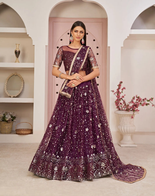 Wine Net Lehenga Choli With White Cotton Thread Work, Zari Work & Sequence Work