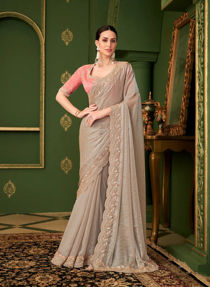 Champagne Satin georgette Heavy Embroidery Saree
