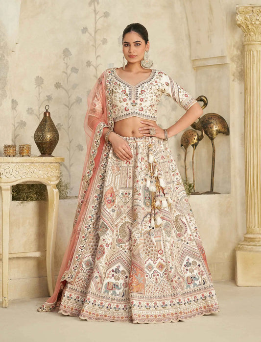 Cream Lehenga With Intricate Royal Embroidery Motifs