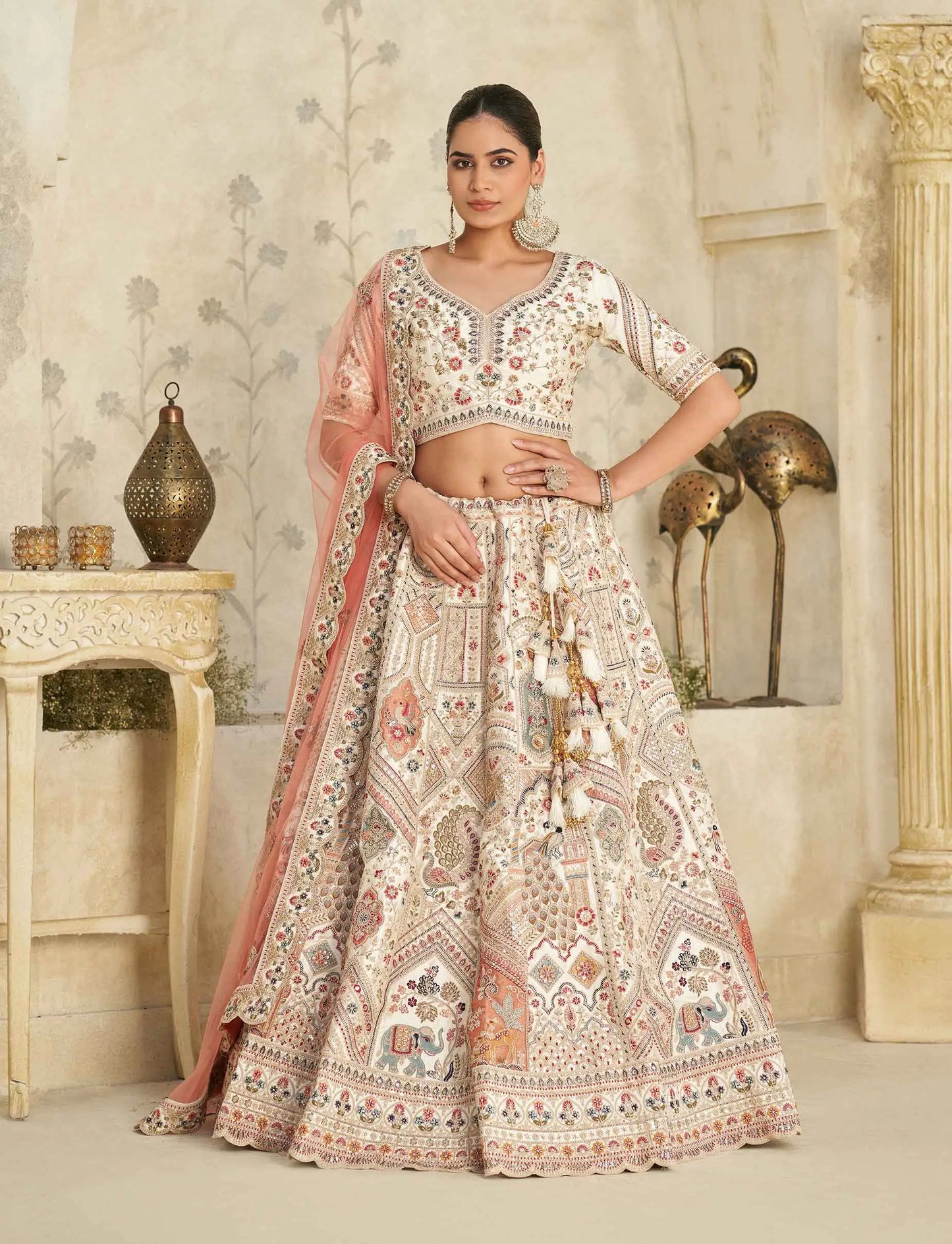 Cream Lehenga With Intricate Royal Embroidery Motifs