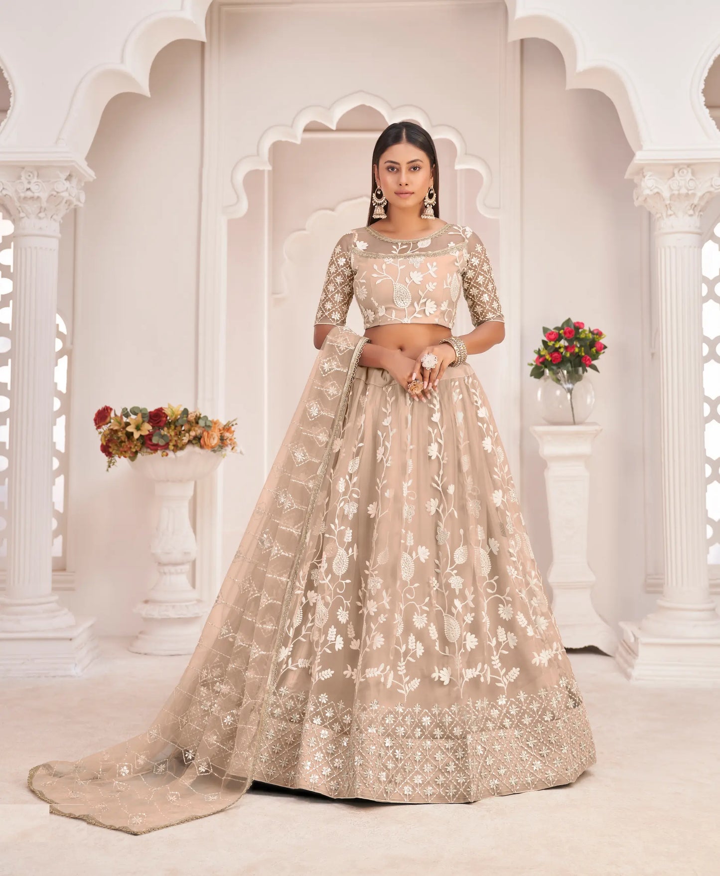 Beige Net Lehenga Choli With White Cotton Thread Work, Zari Work & Sequence Work