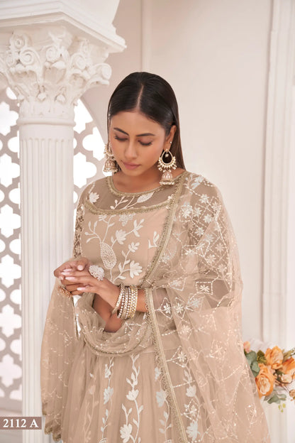 Beige Net Lehenga Choli With White Cotton Thread Work, Zari Work & Sequence Work