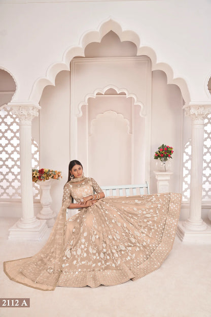 Beige Net Lehenga Choli With White Cotton Thread Work, Zari Work & Sequence Work