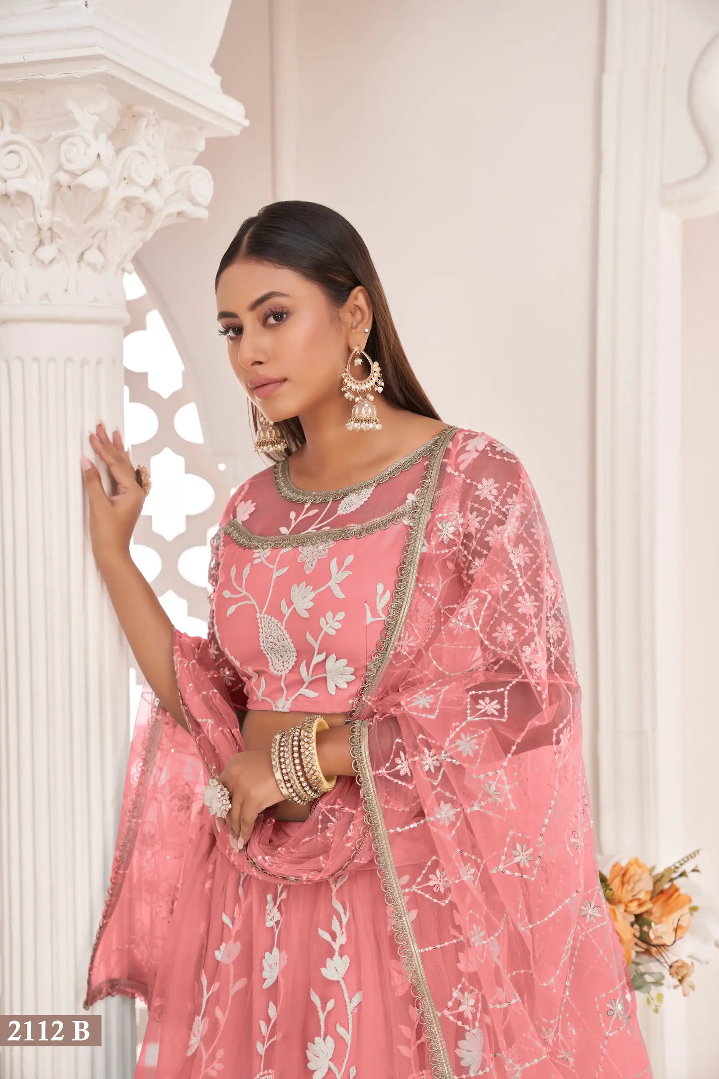 Rose Pink Net Lehenga Choli With White Cotton Thread Work, Zari Work & Sequence Work