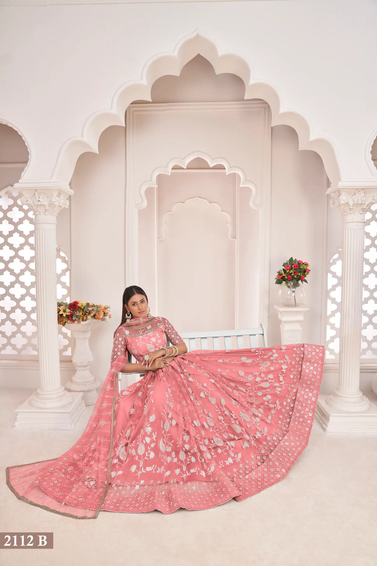 Rose Pink Net Lehenga Choli With White Cotton Thread Work, Zari Work & Sequence Work