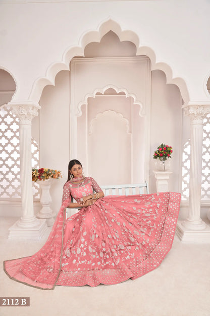 Rose Pink Net Lehenga Choli With White Cotton Thread Work, Zari Work & Sequence Work