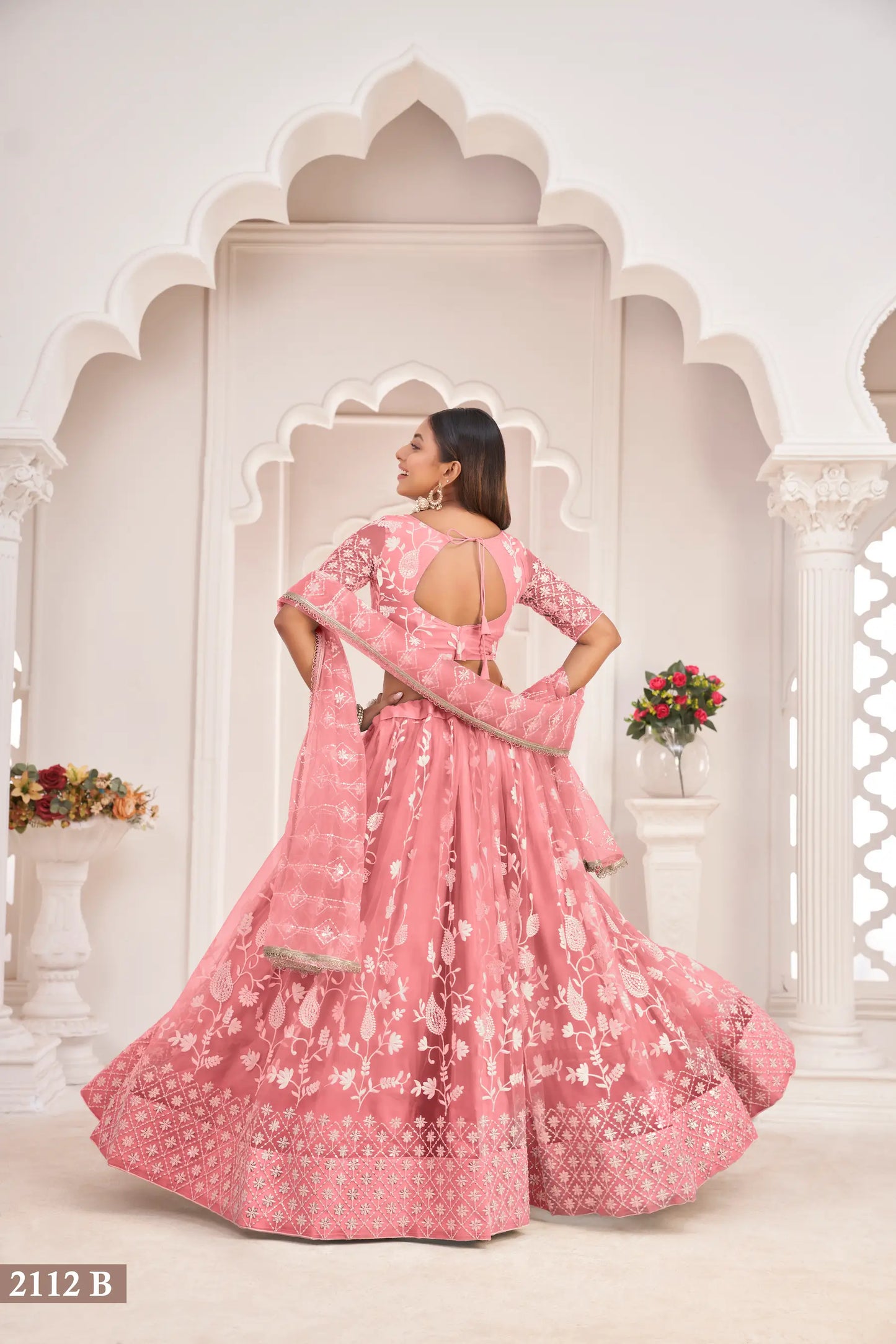 Rose Pink Net Lehenga Choli With White Cotton Thread Work, Zari Work & Sequence Work