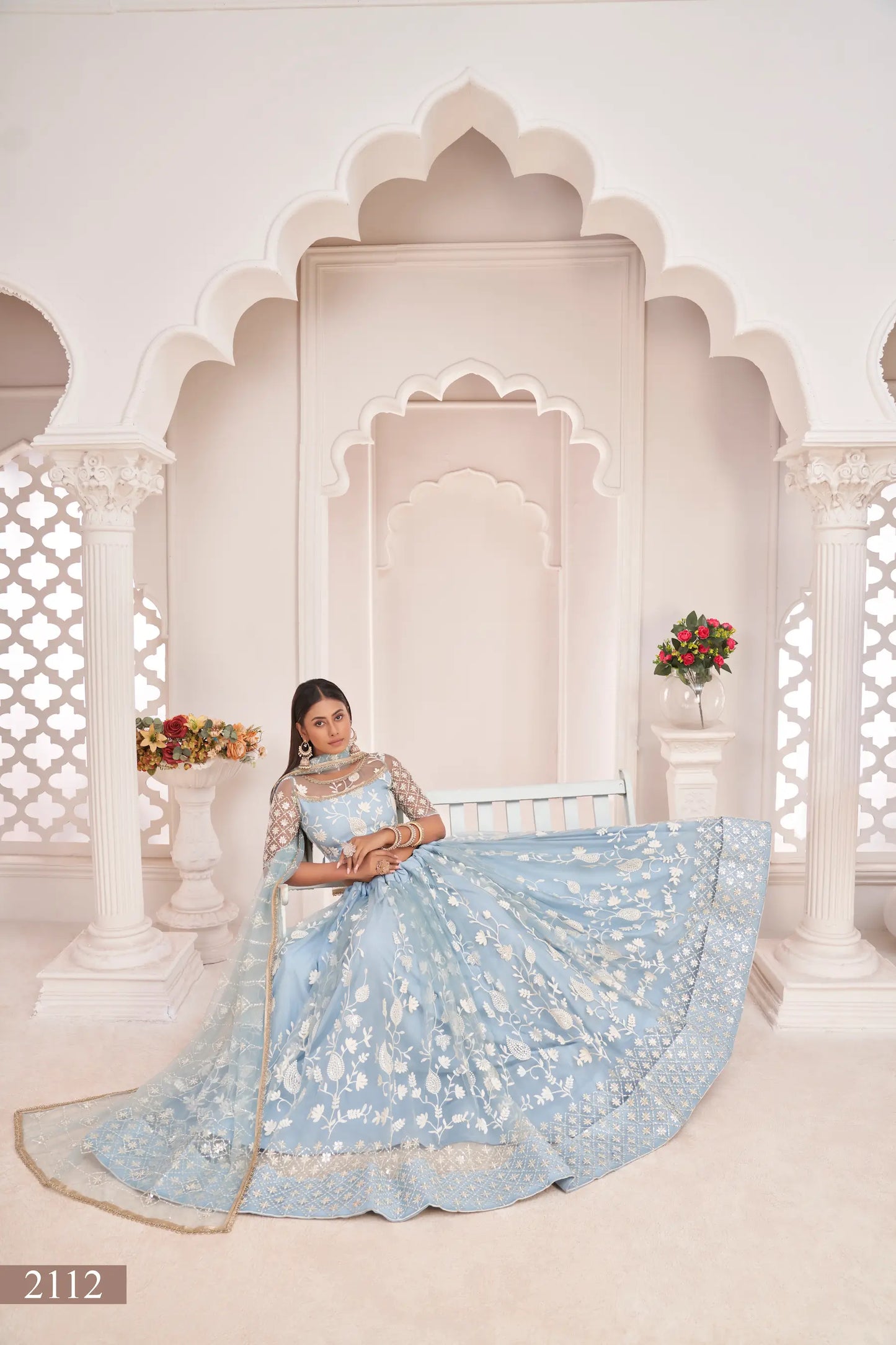Light Sky Net Lehenga Choli With White Cotton Thread Work, Zari Work & Sequence Work