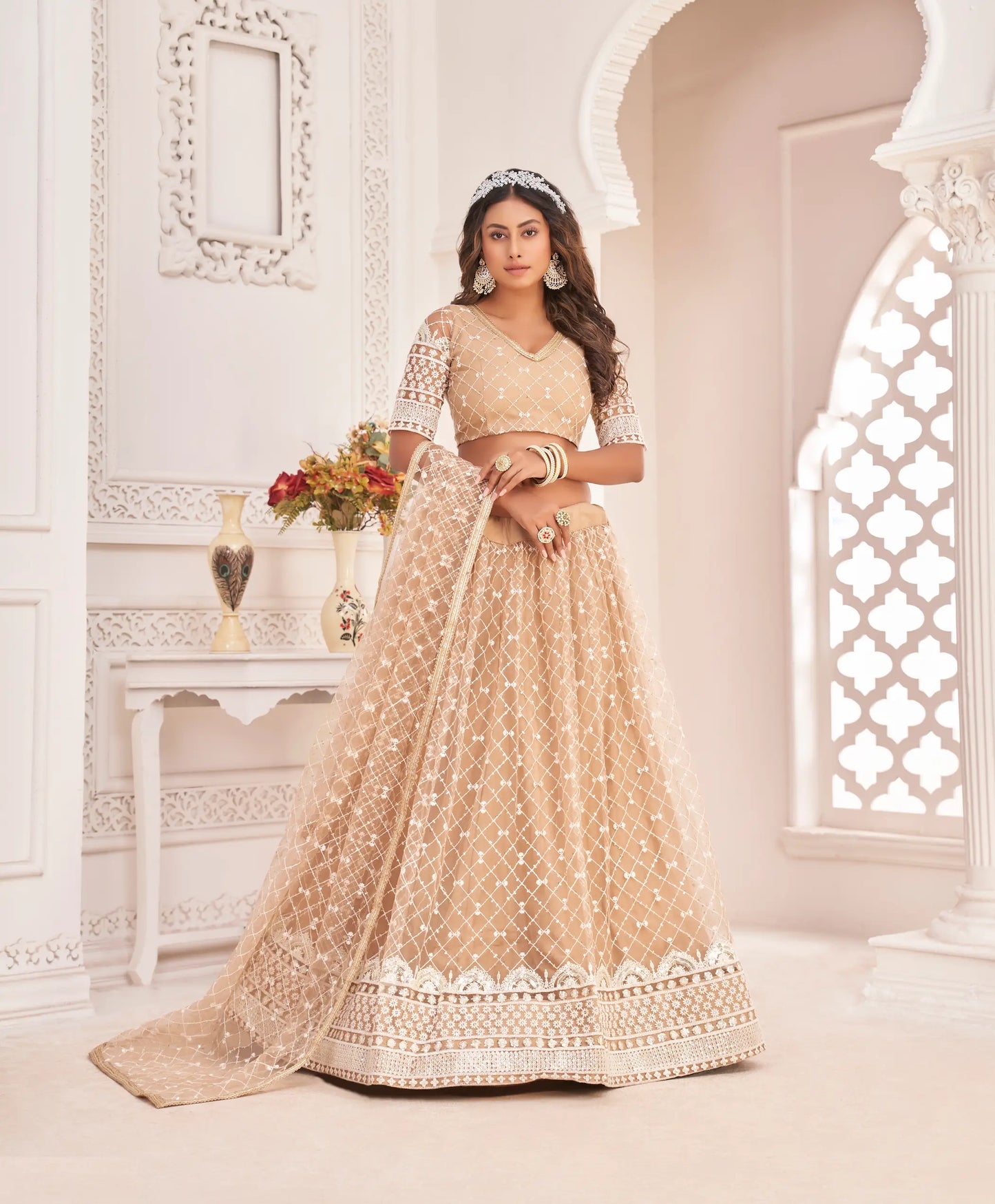 Dusty Beige Net Lehenga Choli With White Cotton Thread Work, Zari Work & Sequence Work