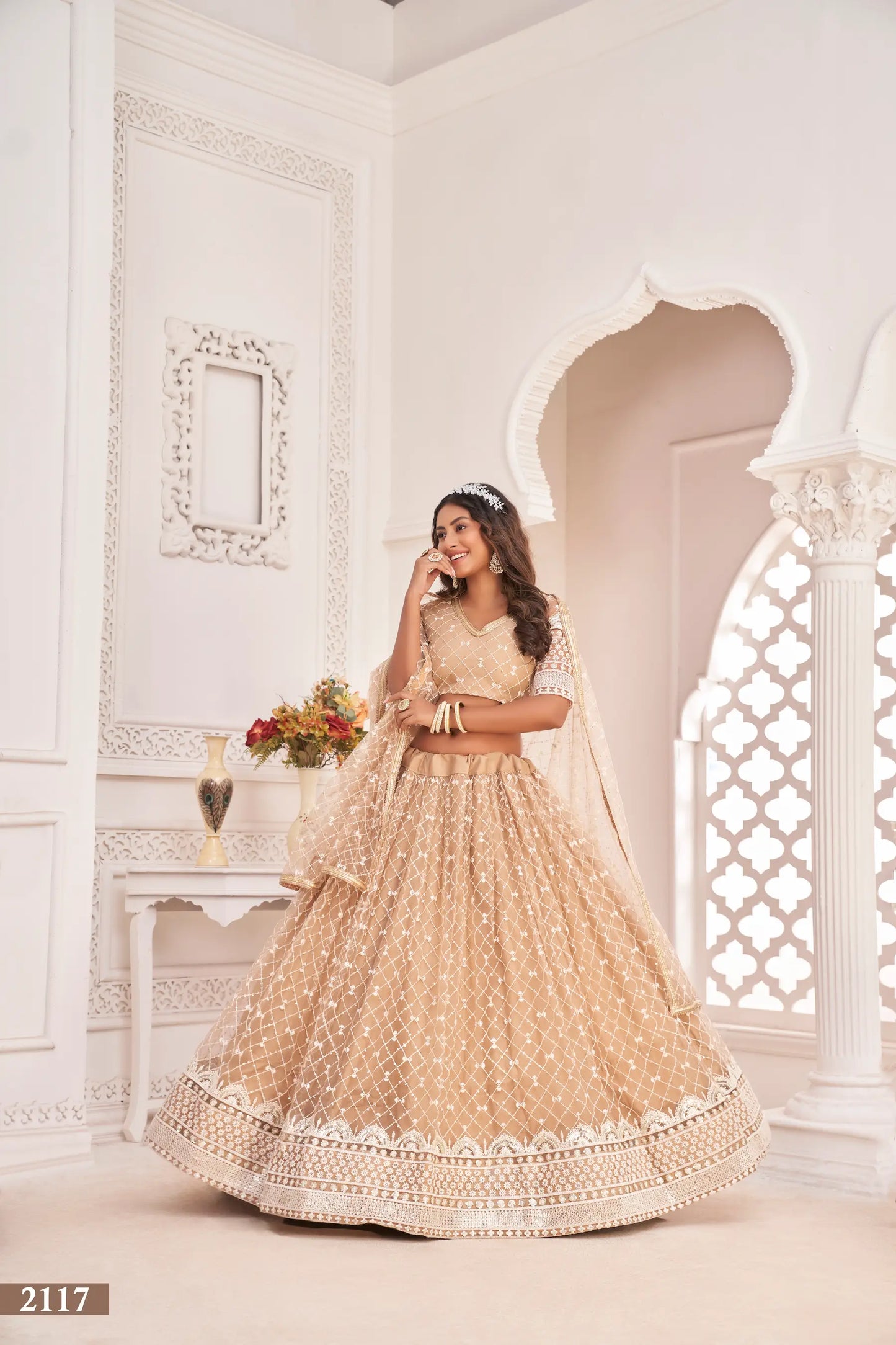 Dusty Beige Net Lehenga Choli With White Cotton Thread Work, Zari Work & Sequence Work