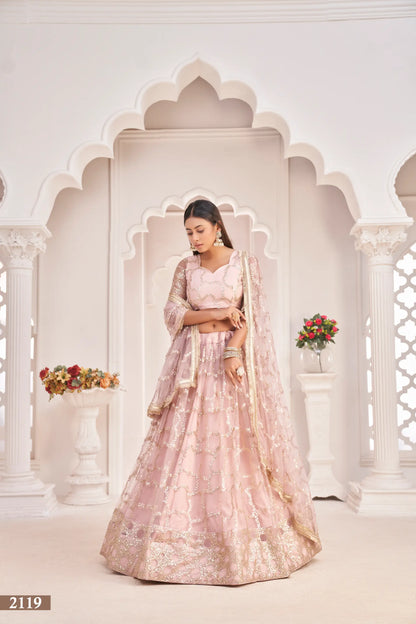 Light Onion Net Lehenga Choli With Zari Work & Sequence Embroidery Work