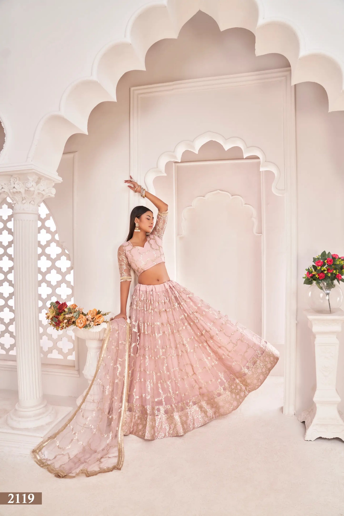 Light Onion Net Lehenga Choli With Zari Work & Sequence Embroidery Work