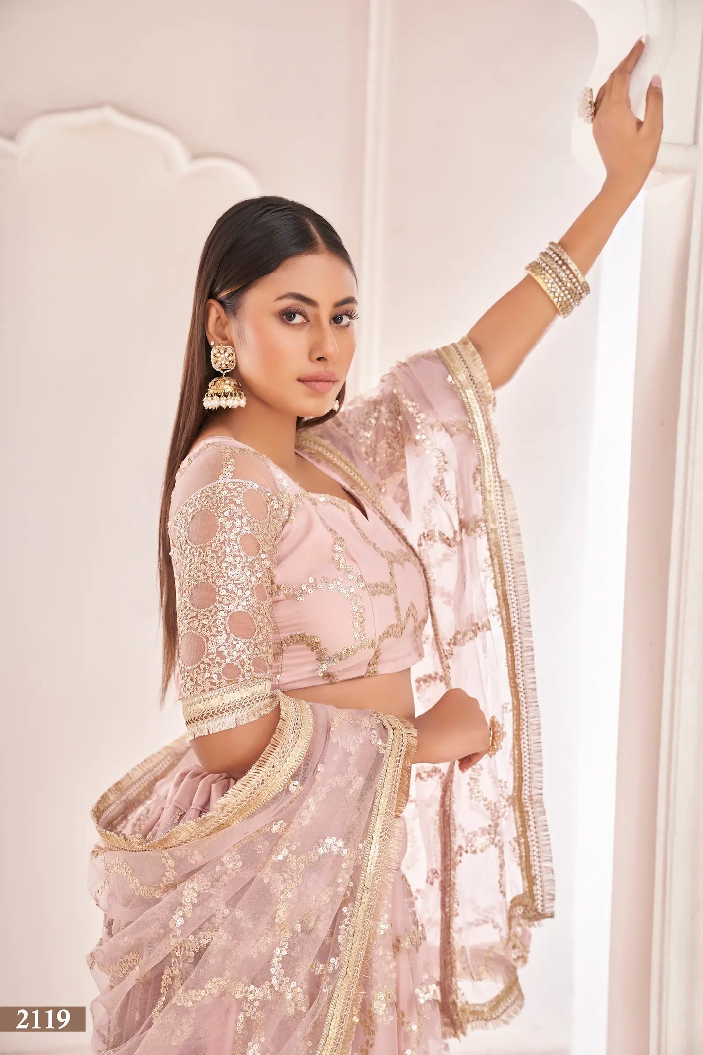 Light Onion Net Lehenga Choli With Zari Work & Sequence Embroidery Work