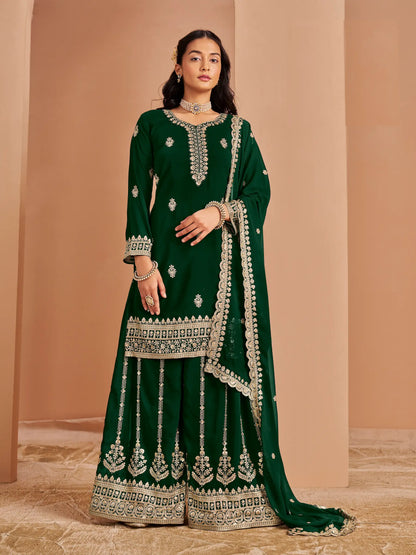 Green Georgette Palazzo Salwar Suit With Thread & Sequins Embroidery Work