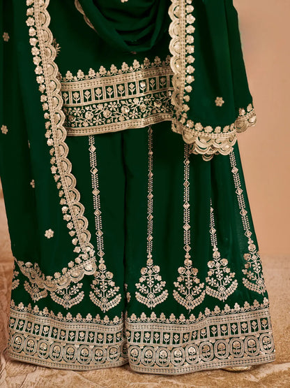 Green Georgette Palazzo Salwar Suit With Thread & Sequins Embroidery Work