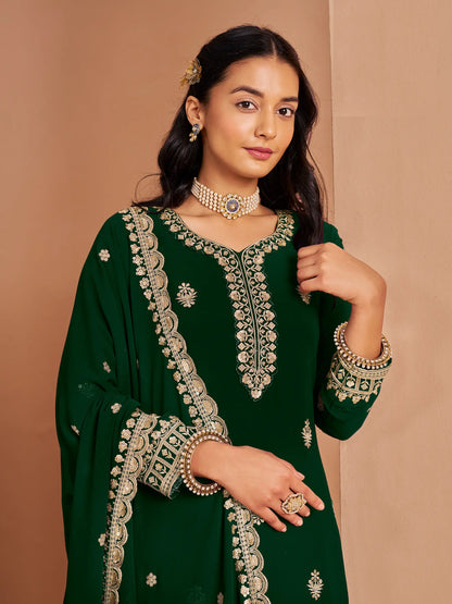 Green Georgette Palazzo Salwar Suit With Thread & Sequins Embroidery Work