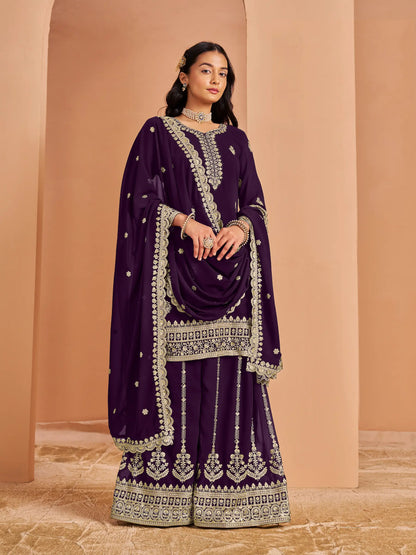 Wine Georgette Palazzo Salwar Suit With Thread & Sequins Embroidery Work