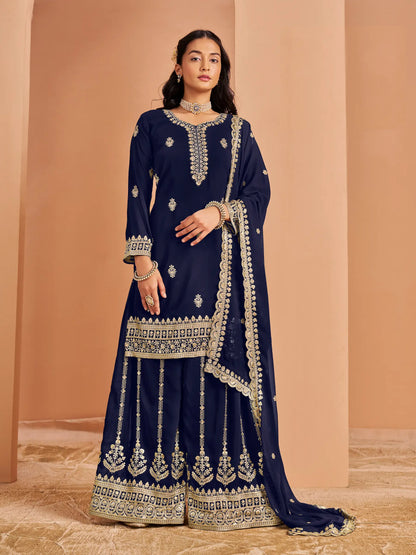 Navy Blue Georgette Palazzo Salwar Suit With Thread & Sequins Embroidery Work