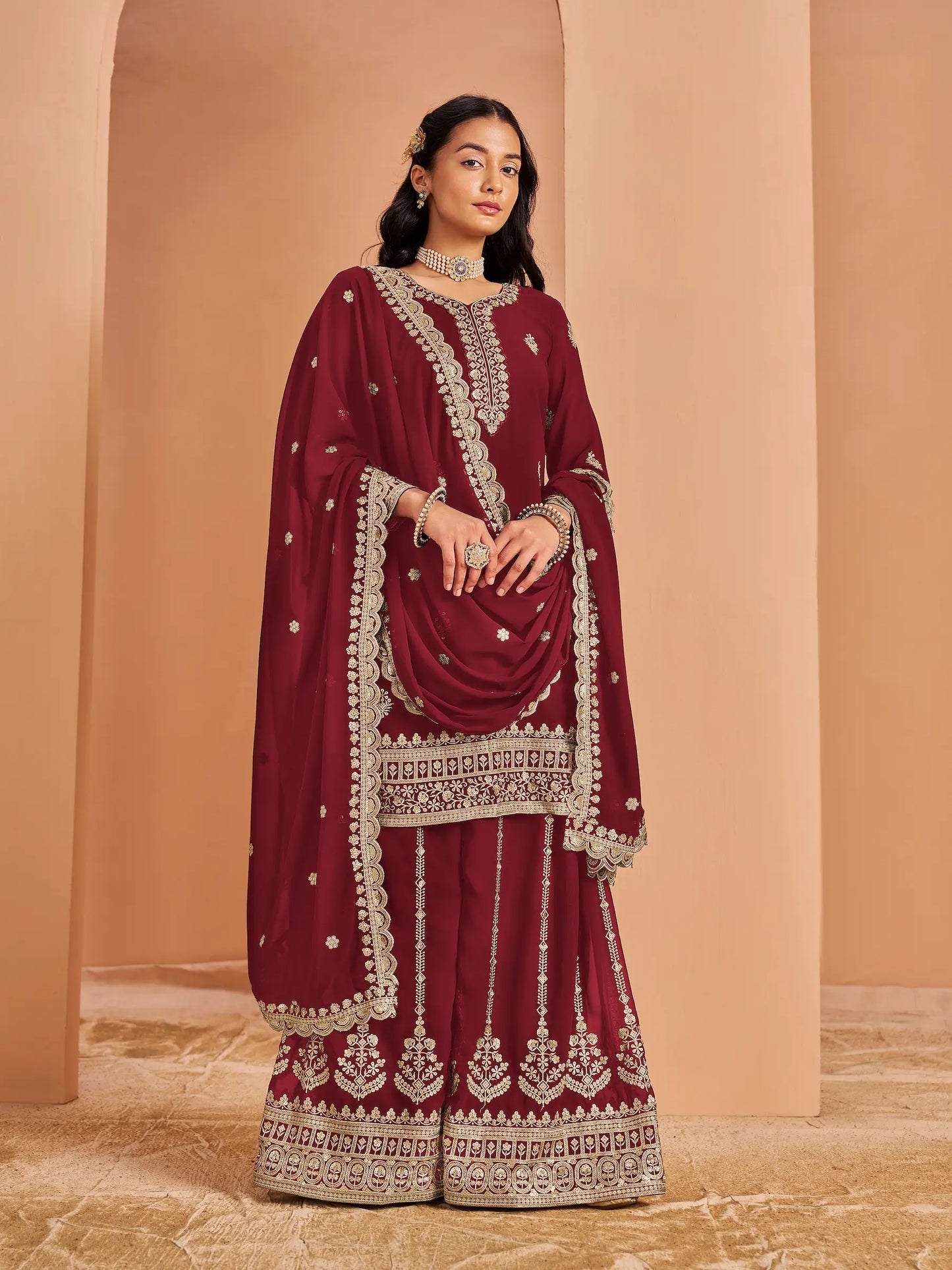 Maroon Georgette Palazzo Salwar Suit With Thread & Sequins Embroidery Work