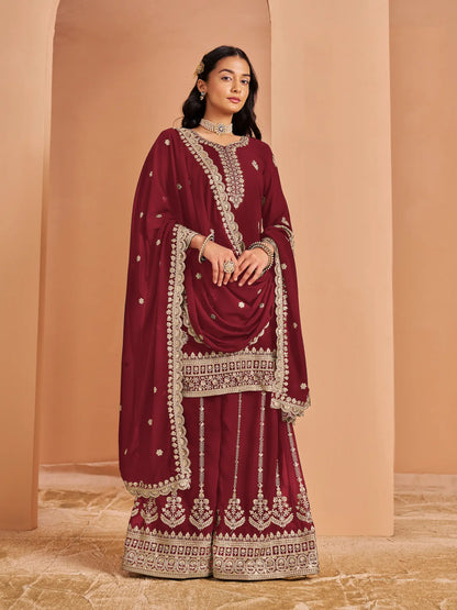 Maroon Georgette Palazzo Salwar Suit With Thread & Sequins Embroidery Work