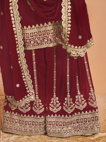 Maroon Georgette Palazzo Salwar Suit With Thread & Sequins Embroidery Work