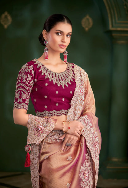 Peachy Orange Shiny georgette Heavy Embroidery Saree