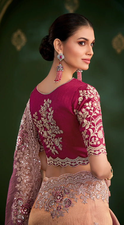 Peachy Orange Shiny georgette Heavy Embroidery Saree