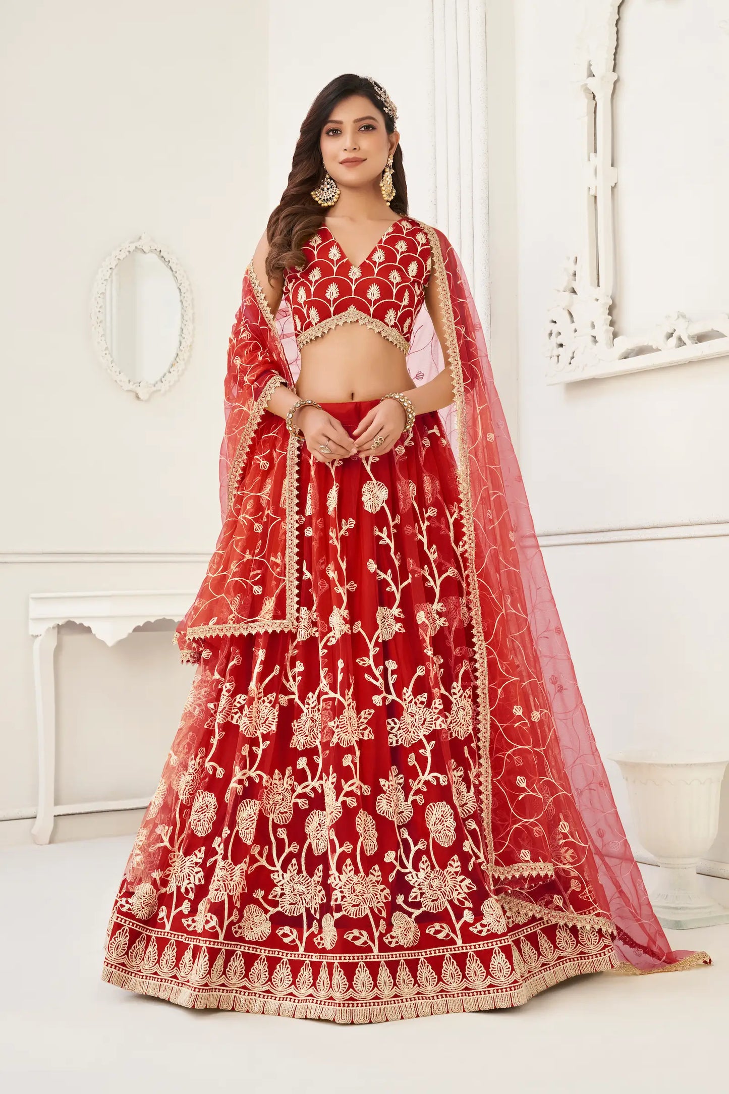 Red Net Lehenga Choli With White Cotton Thread Work, Zari Work & Sequence Work