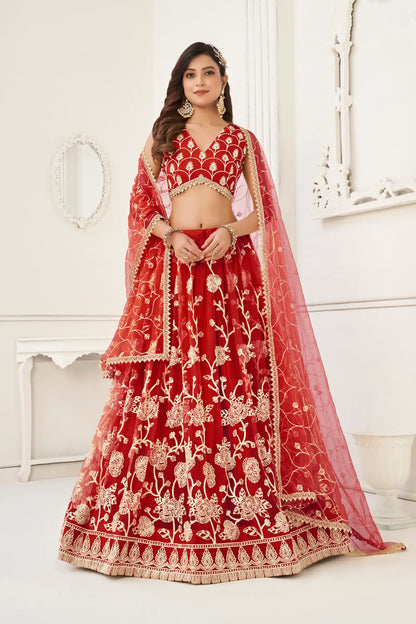 Red Net Lehenga Choli With White Cotton Thread Work, Zari Work & Sequence Work