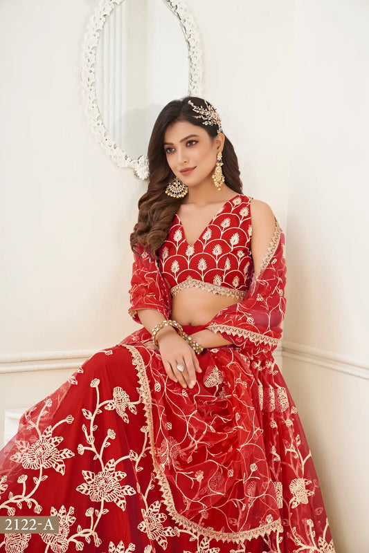 Red Net Lehenga Choli With White Cotton Thread Work, Zari Work & Sequence Work