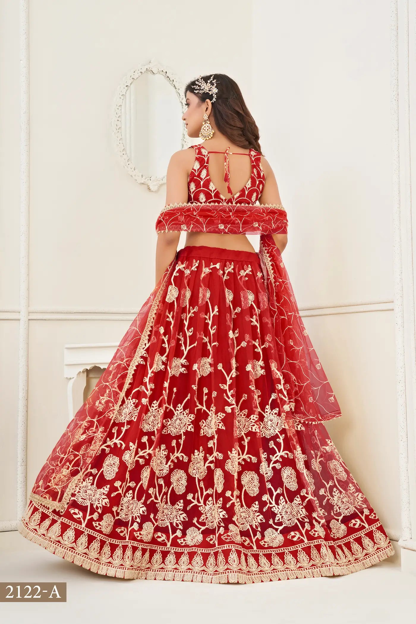 Red Net Lehenga Choli With White Cotton Thread Work, Zari Work & Sequence Work