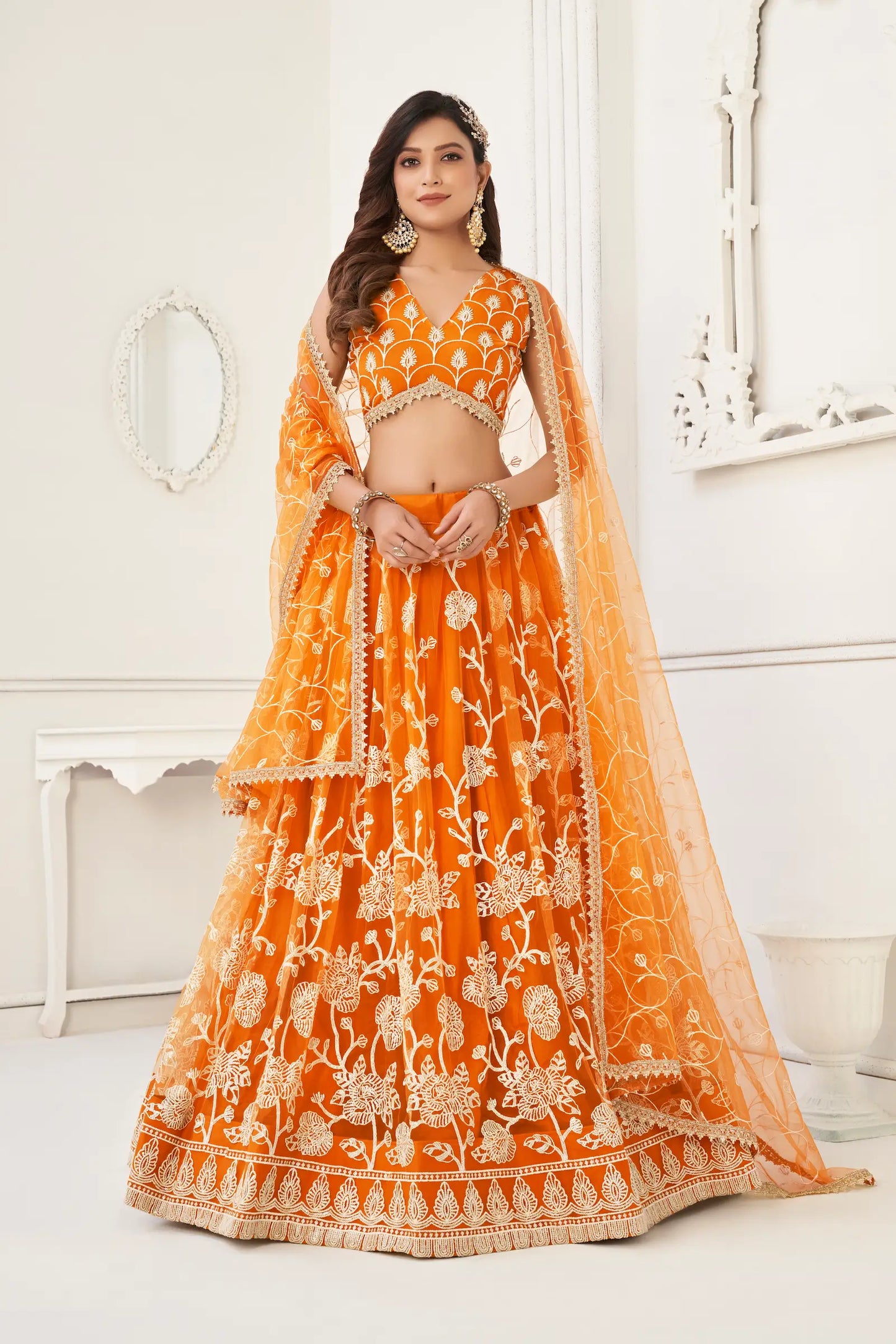 Orange Net Lehenga Choli With White Cotton Thread Work, Zari Work & Sequence Work