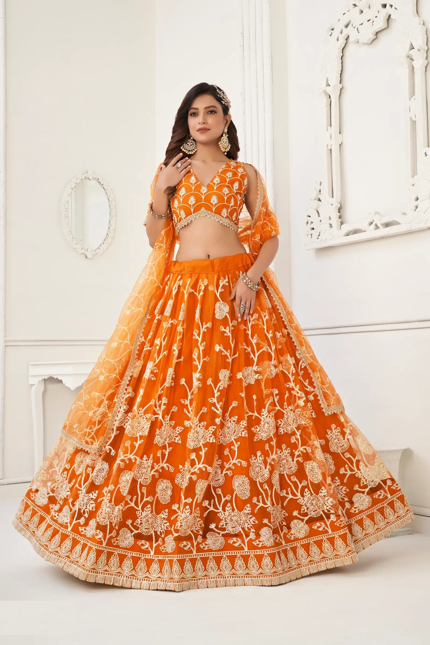 Orange Net Lehenga Choli With White Cotton Thread Work, Zari Work & Sequence Work